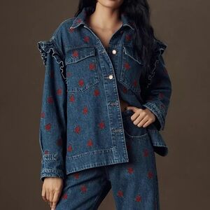 FARM Rio Blue Jean Jacket with Flower Embroidery